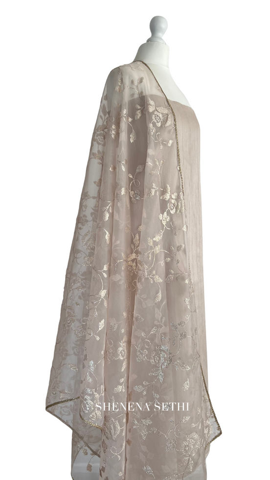 Unstitched fabric for kameez set. Loose kameez fabric, loose lycra pajami and readymade sequin embroidery organza dupatta. Keep unstitched or made-to-measure by Shenena Sethi 