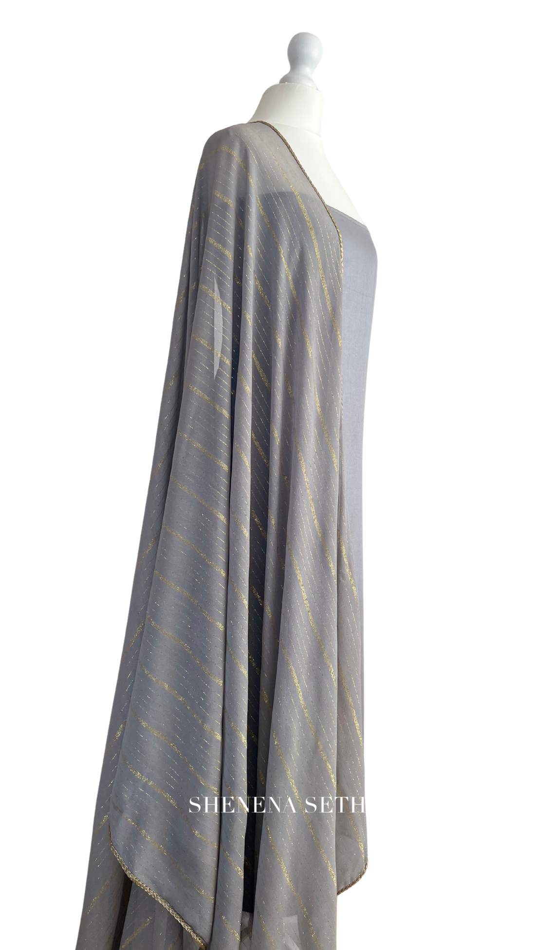 Unstitched fabric for kameez set. Loose silk kameez fabric, loose lycra pajami and readymade georgette dupatta. Keep unstitched or made-to-measure by Shenena Sethi