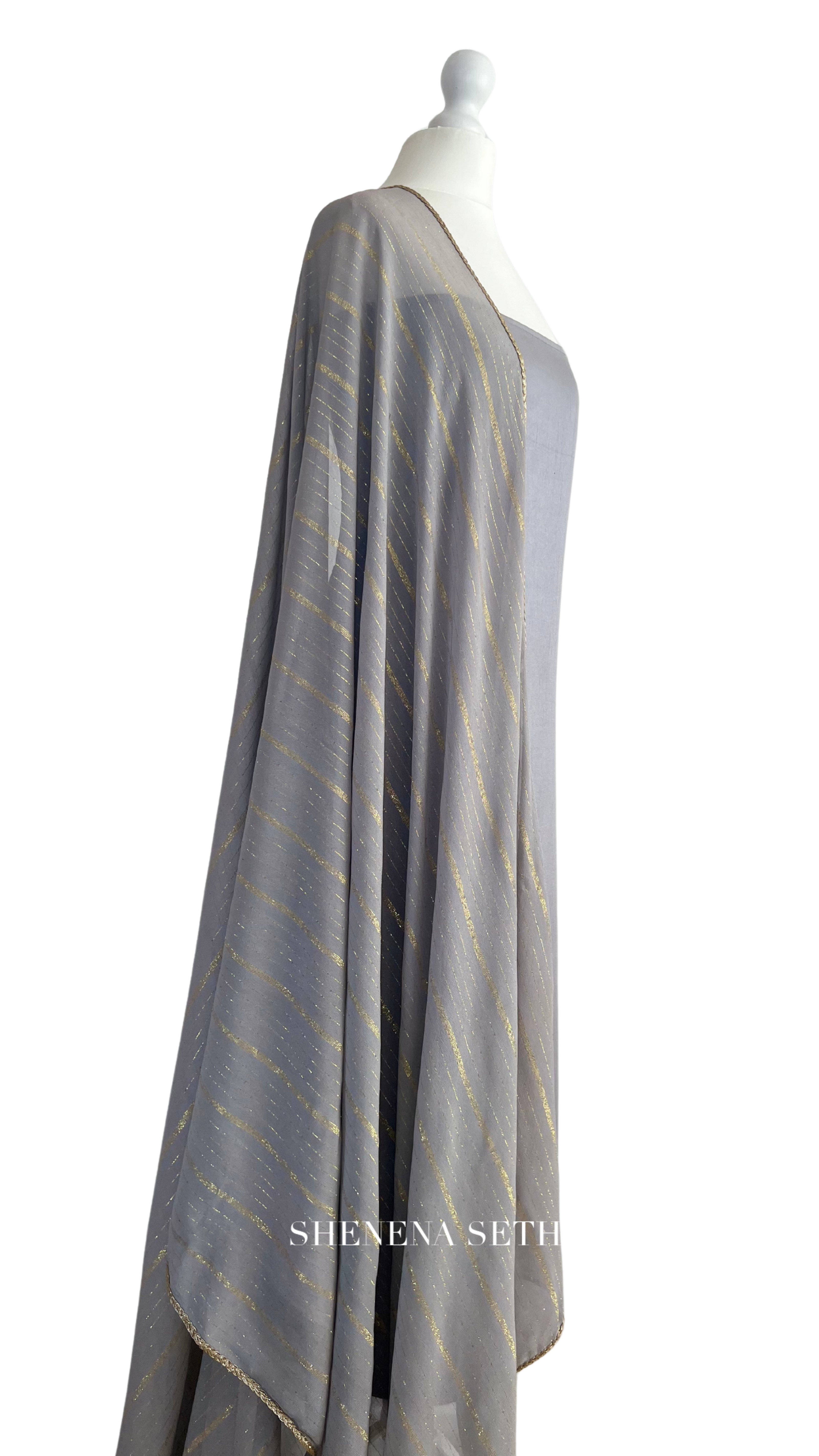 Unstitched fabric for kameez set. Loose silk kameez fabric, loose lycra pajami and readymade georgette dupatta. Keep unstitched or made-to-measure by Shenena Sethi