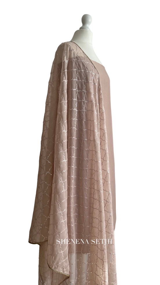 Unstitched fabric for kameez set. Loose silk kameez fabric, loose lycra pajami and readymade sequin dupatta. Keep unstitched or made-to-measure by Shenena Sethi