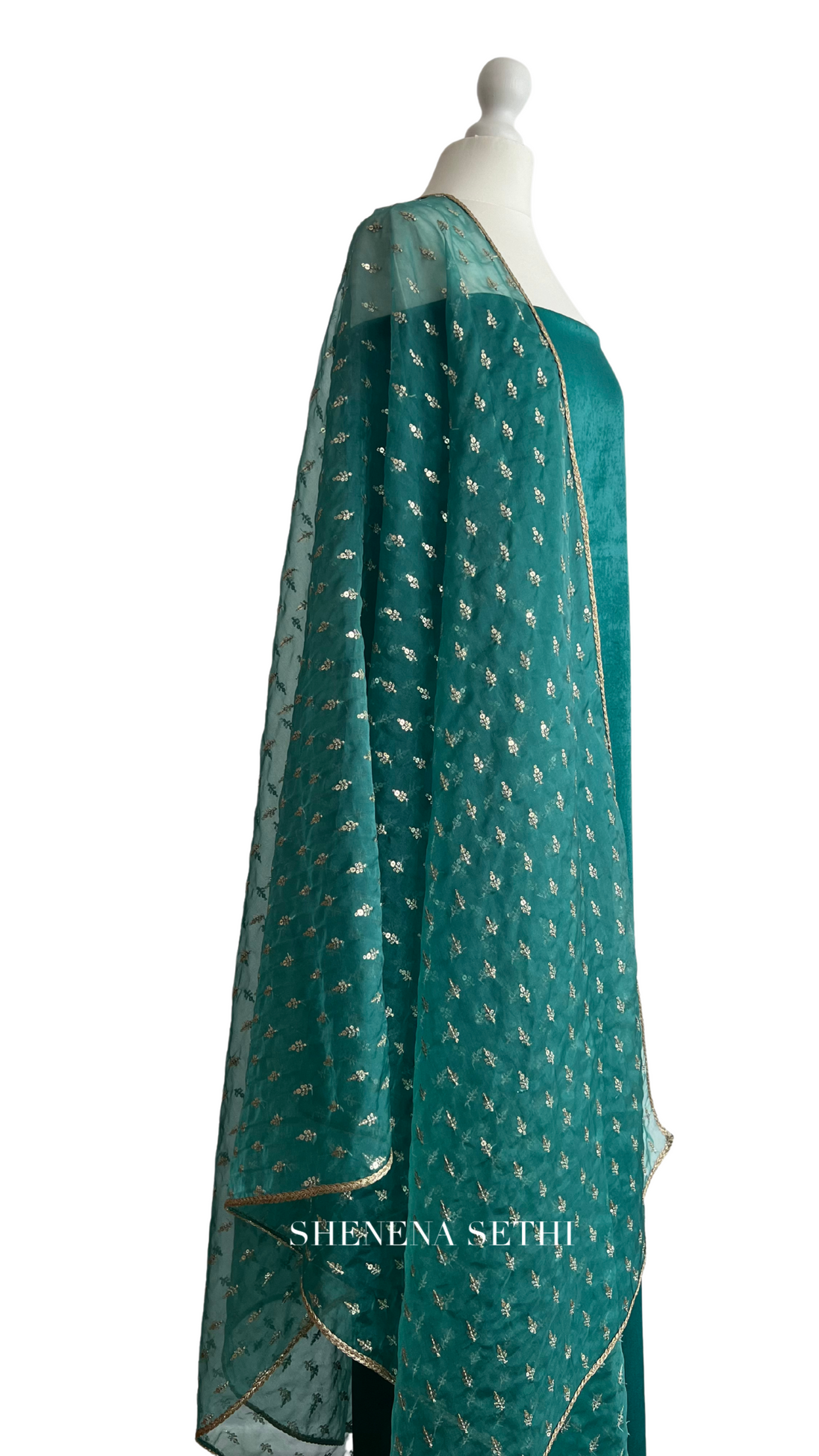 Unstitched fabric for kameez set. Loose kameez fabric, loose lycra pajami and readymade organza with sequin dupatta. Keep unstitched or made-to-measure by Shenena Sethi 