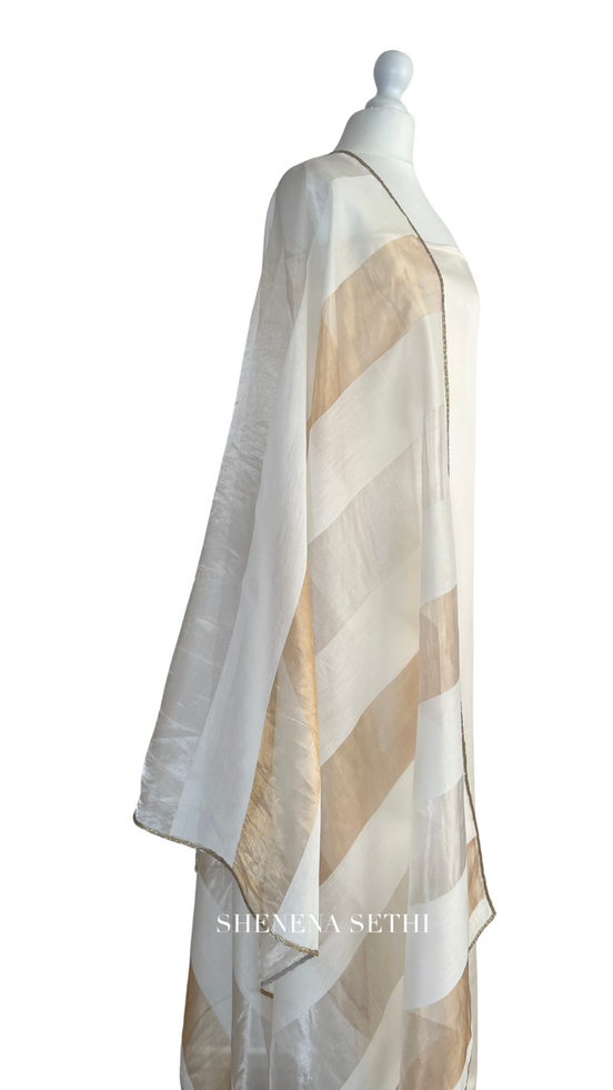 Unstitched fabric for kameez set. Loose kameez fabric, loose lycra pajami and readymade chanderi tissue organza block dupatta. Keep unstitched or made-to-measure by Shenena Sethi 