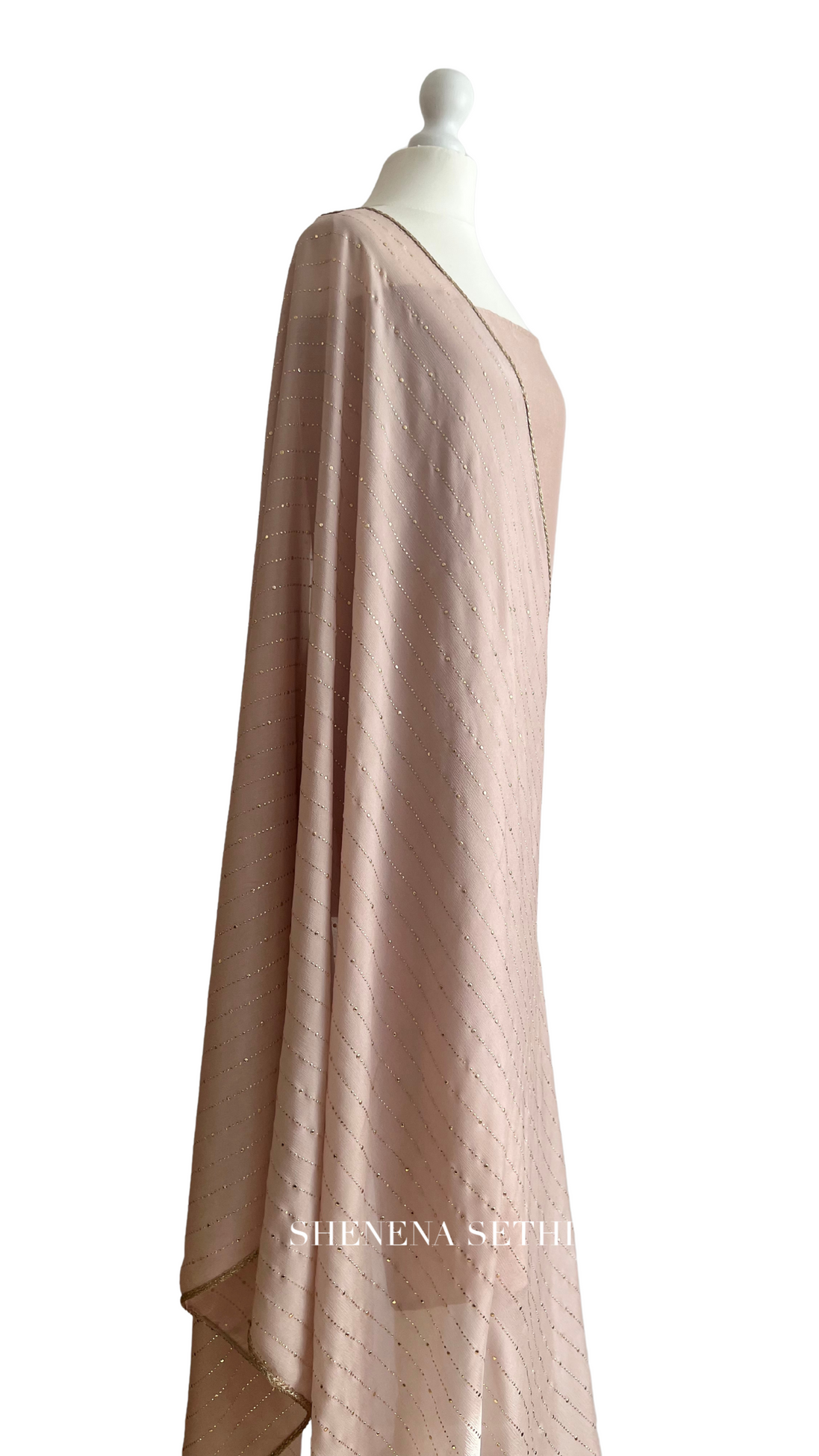 Unstitched fabric for kameez set. Loose silk kameez fabric, loose lycra pajami and readymade mukaish dupatta. Keep unstitched or made-to-measure by Shenena Sethi 