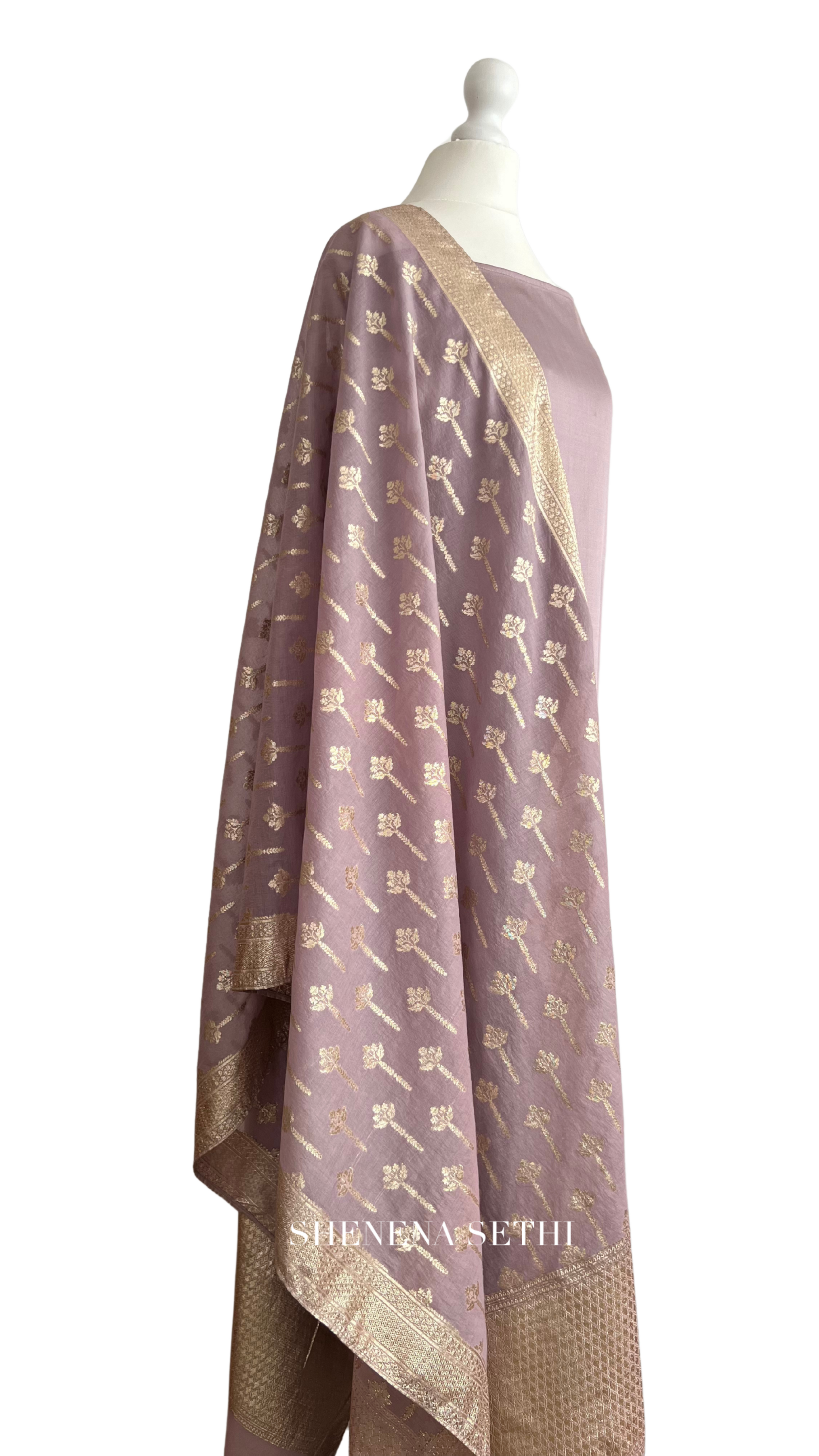 Unstitched fabric for kameez set. Loose kameez fabric, loose lycra pajami and readymade brocade dupatta. Keep unstitched or made-to-measure by Shenena Sethi 