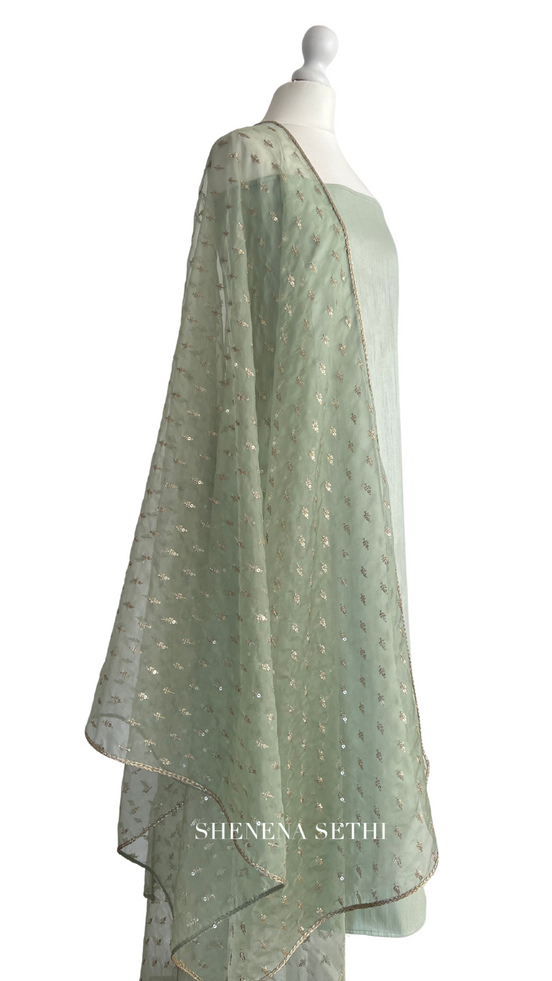 Unstitched fabric for kameez set. Loose semi raw silk kameez fabric, loose lycra pajami and readymade organza with embroidery dupatta. Keep unstitched or made-to-measure by Shenena Sethi 