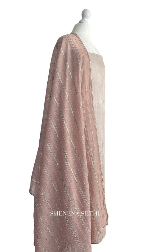 Unstitched fabric for kameez set. Loose  semi raw silk kameez fabric, loose lycra pajami and readymade cotton silk mukaish dupatta. Keep unstitched or made-to-measure by Shenena Sethi 
