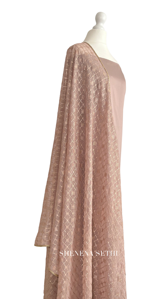 Unstitched fabric for kameez set. Loose kameez fabric, loose lycra pajami and readymade sequin dupatta. Keep unstitched or made-to-measure by Shenena Sethi 