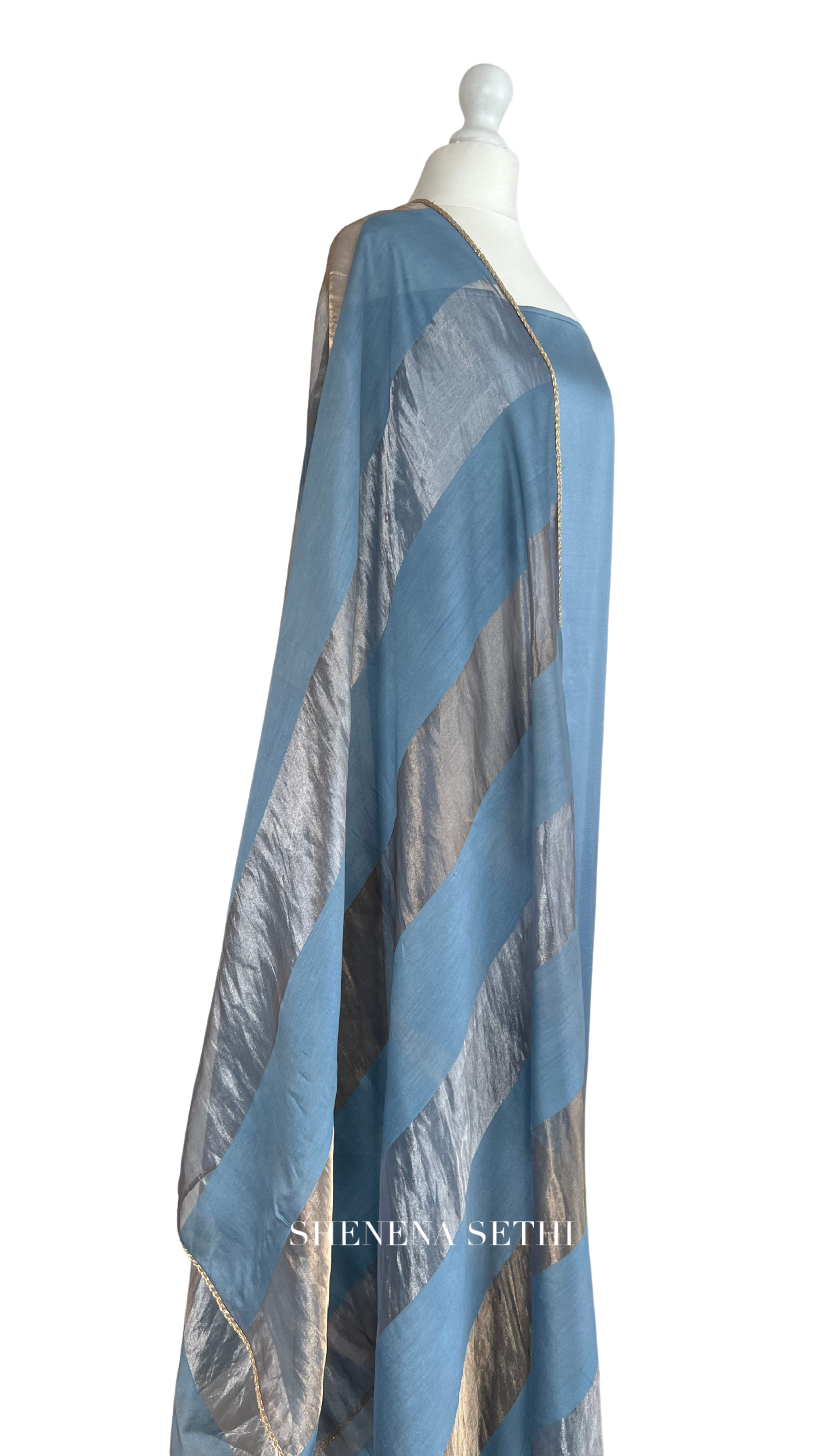 Unstitched fabric for kameez set. Loose kameez fabric, loose lycra pajami and readymade chanderi tissue organza block dupatta. Keep unstitched or made-to-measure by Shenena Sethi 