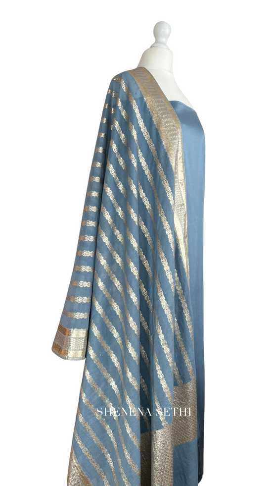 Unstitched fabric for kameez set. Loose kameez fabric, loose lycra pajami and readymade brocade dupatta. Keep unstitched or made-to-measure by Shenena Sethi 