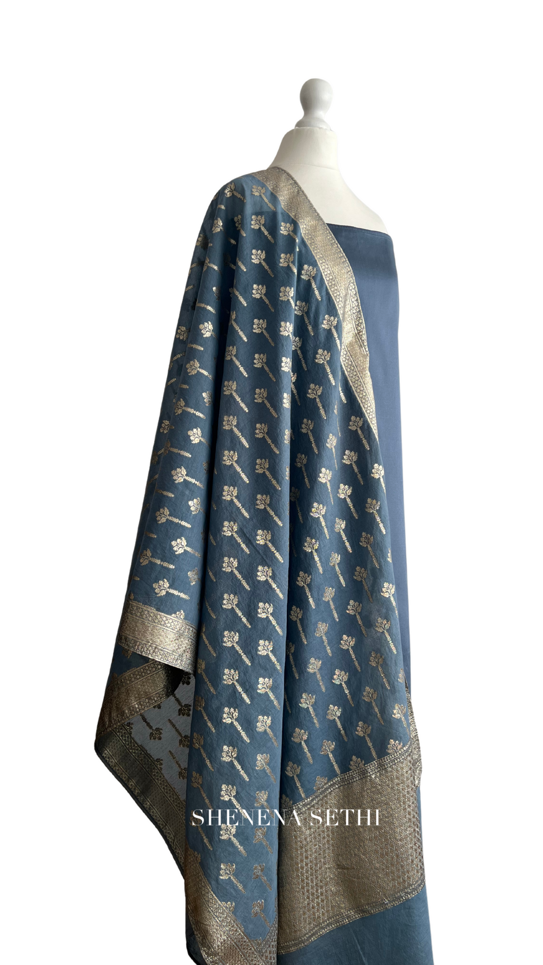 Unstitched fabric for kameez set. Loose silk kameez fabric, loose lycra pajami and readymade brocade dupatta. Keep unstitched or made-to-measure by Shenena Sethi 