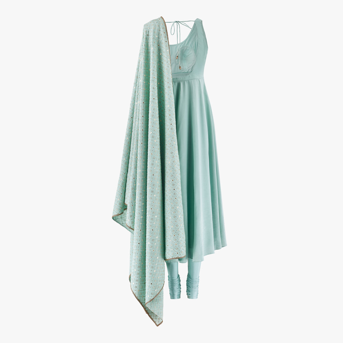 A mint blue anarkali with sequin detailing on the chikan kari dupatta and lycra pajami, designed by Shenena Sethi