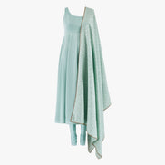 A mint blue anarkali with sequin detailing on the chikan kari dupatta and lycra pajami, designed by Shenena Sethi