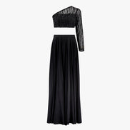 A black two-piece formal wear ensemble with bead work embroidery on the top and a georgette/satin lehenga. Designed by Shenena Sethi