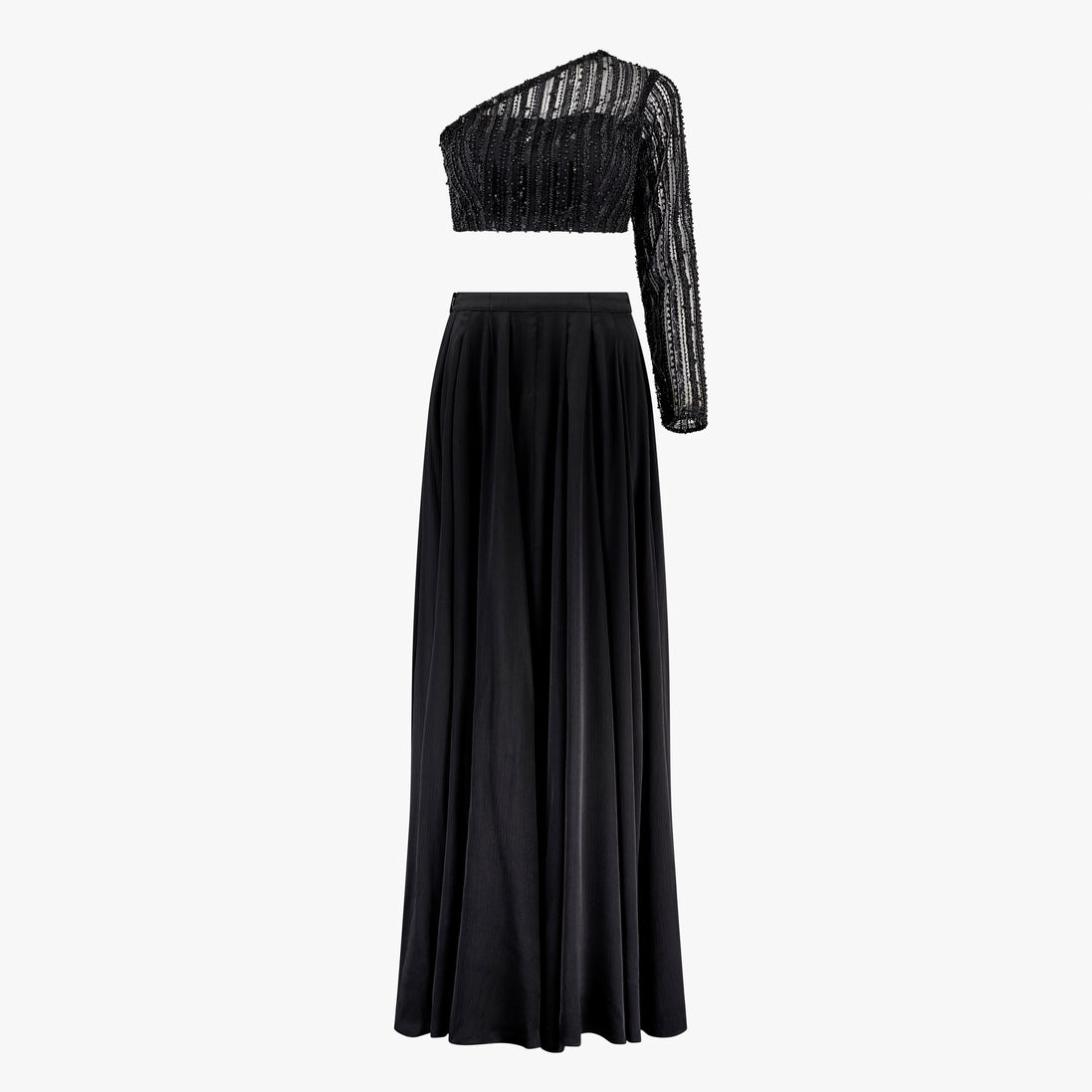 A black two-piece formal wear ensemble with bead work embroidery on the top and a georgette/satin lehenga. Designed by Shenena Sethi