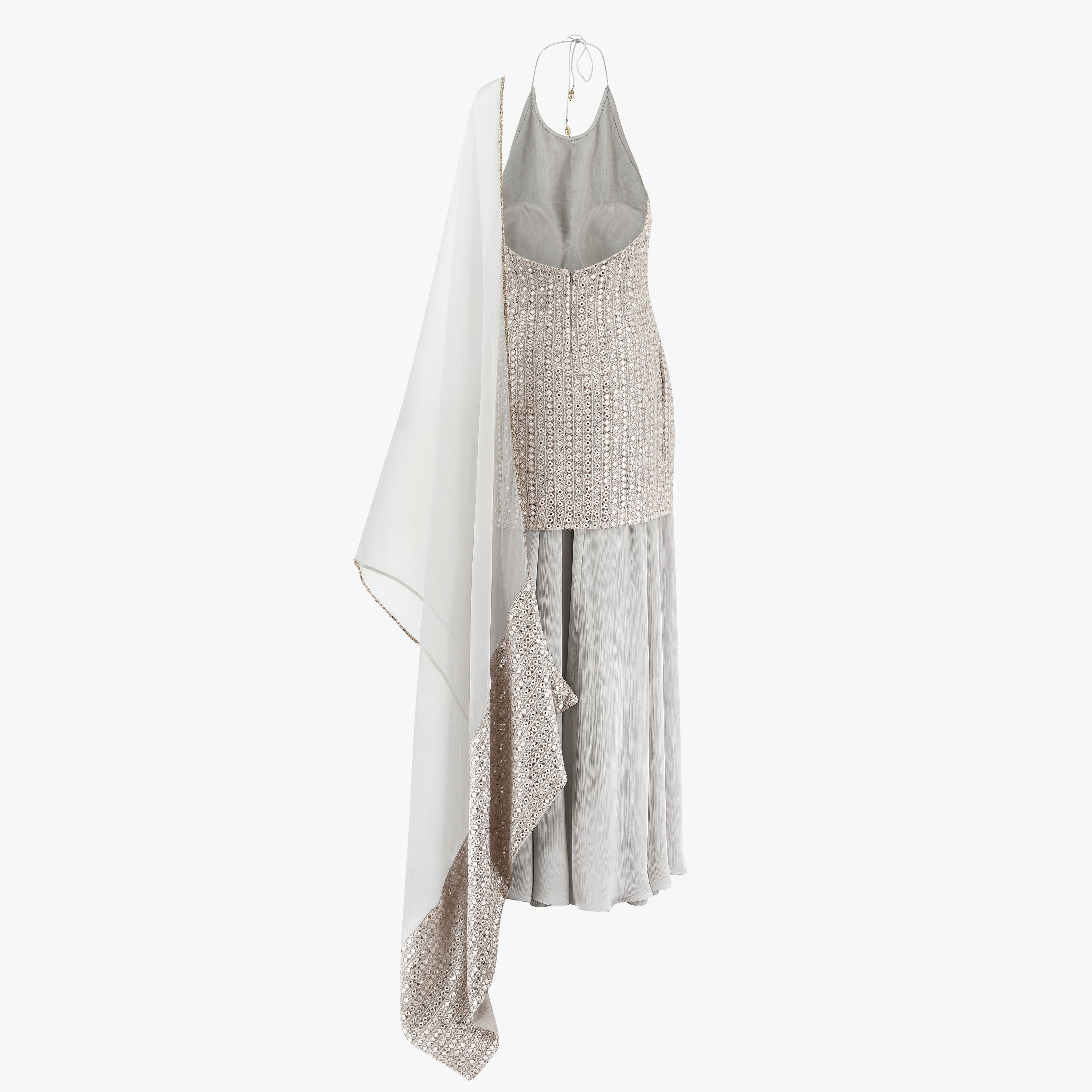 A traditional grey kameez with mirror kundan work, paired with a satin sharara and organza dupatta.