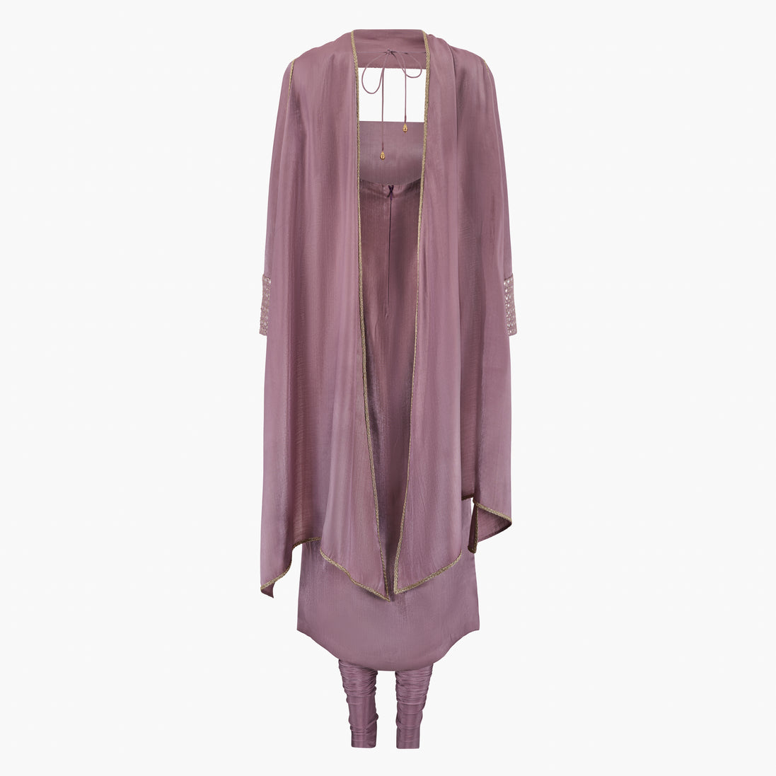 A mauve-colored kameez and dupatta and pajami set with mirror work on the cuff and a dupatta, designed by Shenena Sethi
