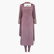 A mauve-colored kameez and dupatta and pajami set with mirror work on the cuff and a dupatta, designed by Shenena Sethi