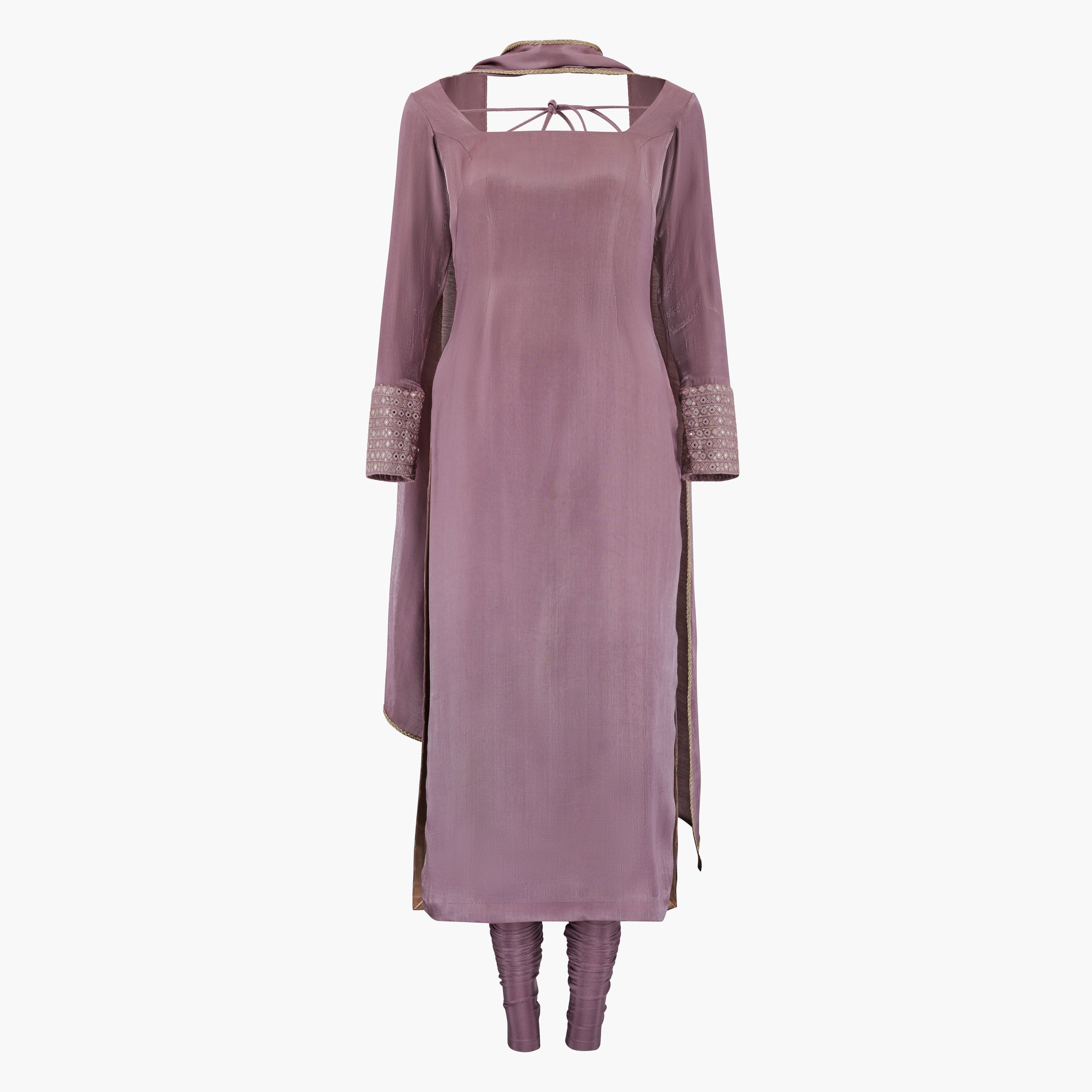 A mauve-colored kameez and dupatta and pajami set with mirror work on the cuff and a dupatta, designed by Shenena Sethi