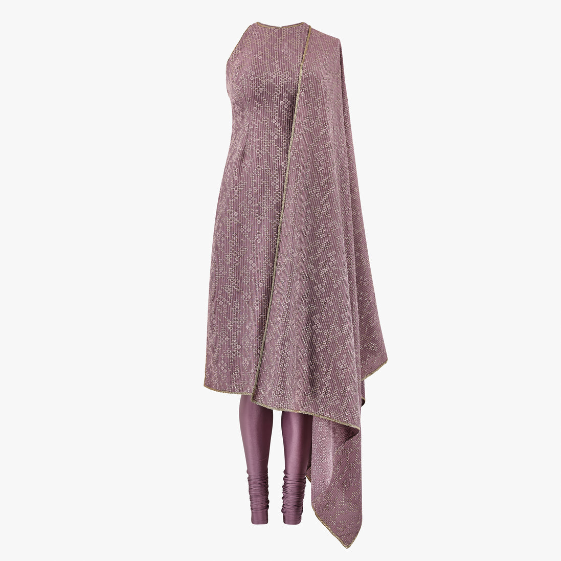 Thread and sequin kameez finished with an elegant gold border for a refined, elevated look. Paired with a matching fabric dupatta featuring a gold border and a comfortable lycra pajami, designed by Shenena Sethi