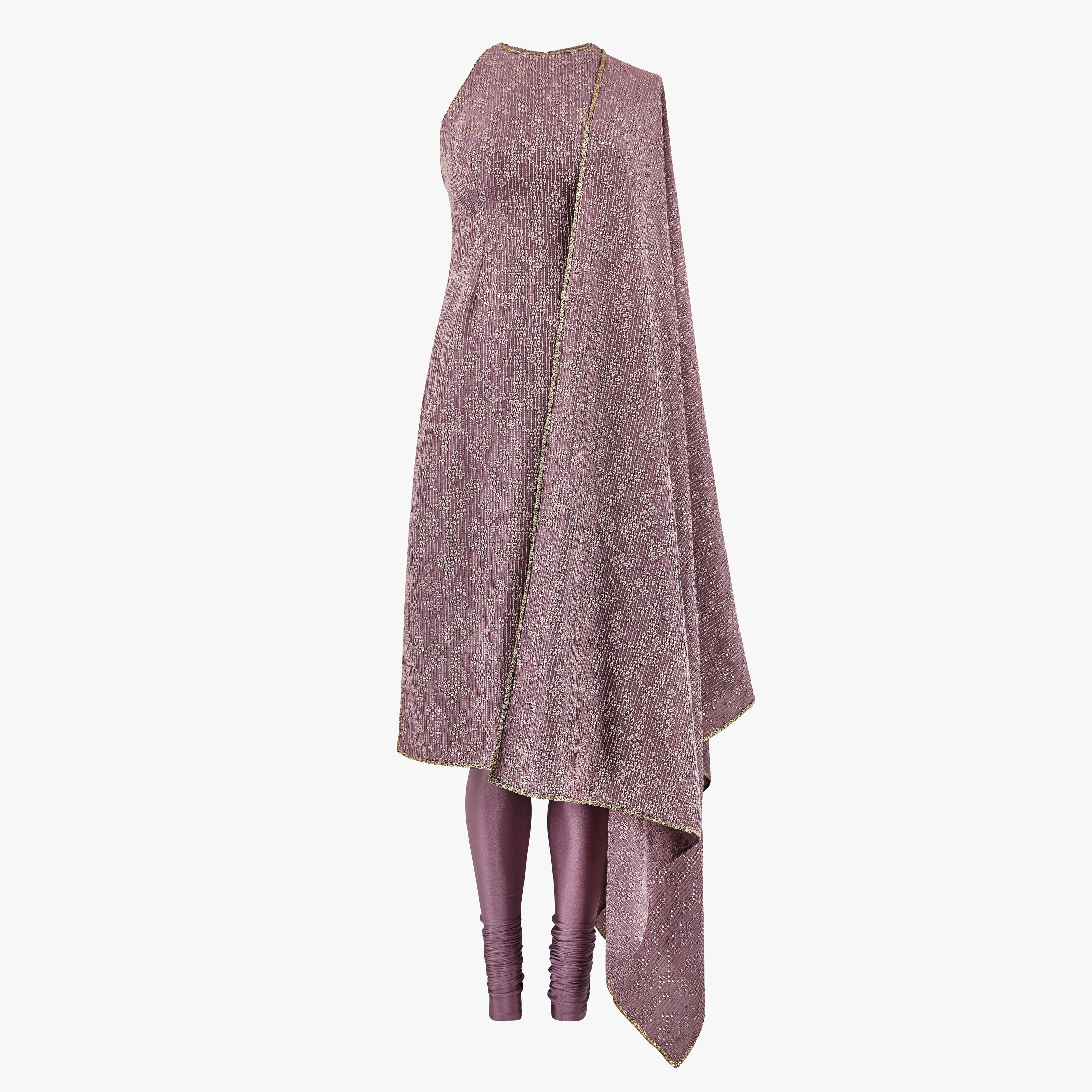 Thread and sequin kameez finished with an elegant gold border for a refined, elevated look. Paired with a matching fabric dupatta featuring a gold border and a comfortable lycra pajami, designed by Shenena Sethi