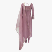 A mauve-colored kameez set with mirror work on the cuff, a pure organza dupatta and lycra pajami, designed by Shenena Sethi