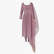 A mauve-colored kameez set with mirror work on the cuff, a pure organza dupatta and lycra pajami, designed by Shenena Sethi