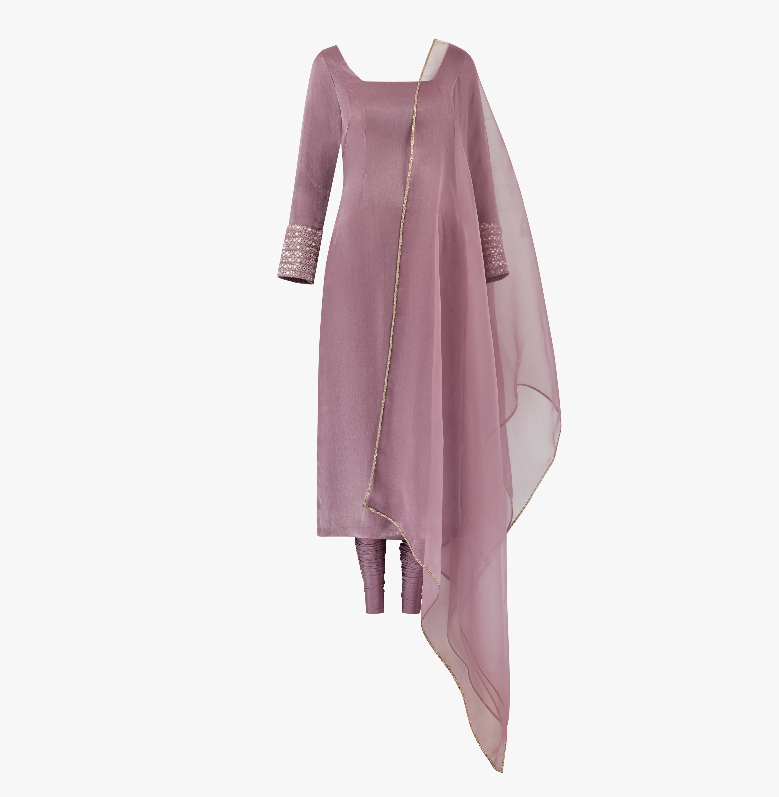 A mauve-colored kameez set with mirror work on the cuff, a pure organza dupatta and lycra pajami, designed by Shenena Sethi
