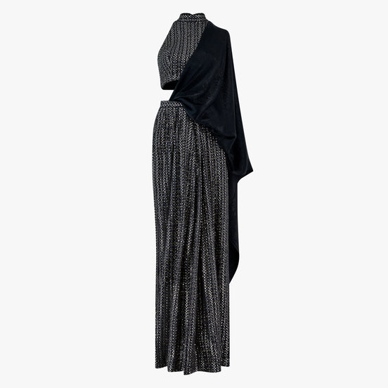 Chikan kari and mirror pleated lehenga skirt and top with attached dupatta designed by Shenena Sethi