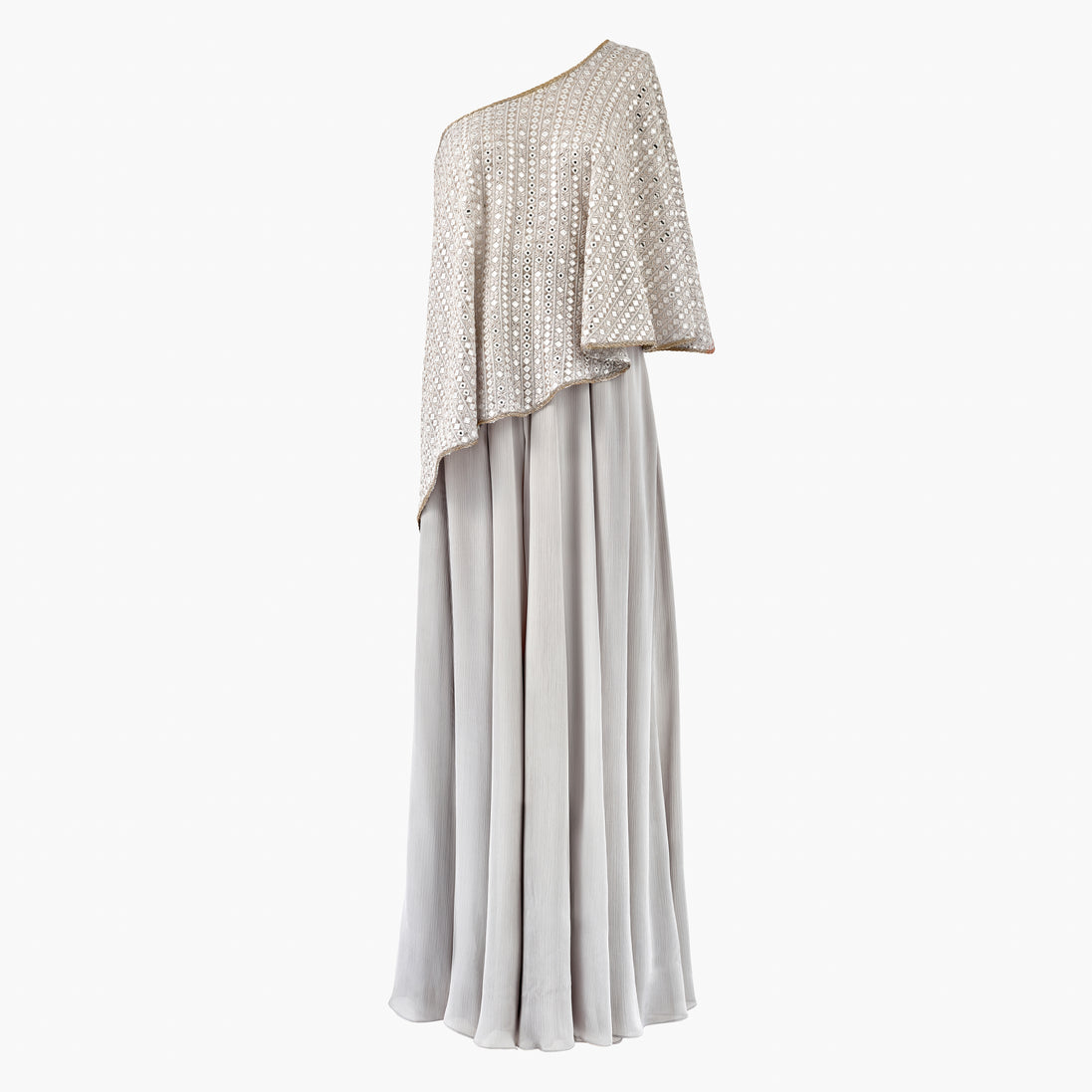 A one shoulder cape with thread and mirror detailing paired with a satin skirt, in grey. Customisable in colour.