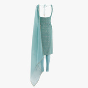 A green chikan kari kameez set highlighted with sequins, a pure organza dupatta with a gold border and a lycra pajami, designed by Shenena Sethi