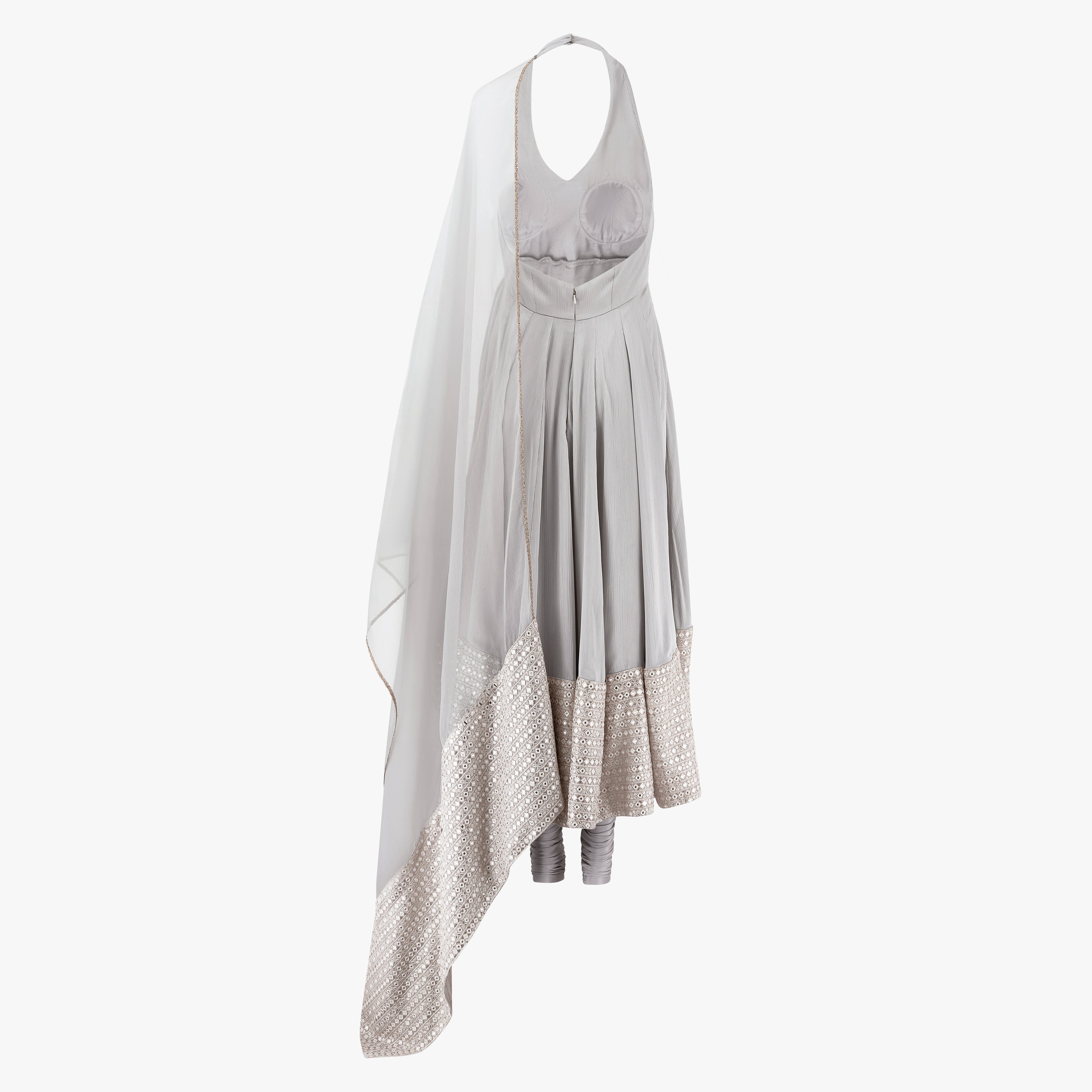 A modern halter cut grey satin anarkali dress with a wide mirrored border on the hem and an organza dupatta, designed by Shenena Sethi