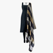 Liata, a black semi raw silk kameez, lycra pajami complimented with a gold and gry pure chanderi organza dupatta with a gold border, designed by Shenena Sethi