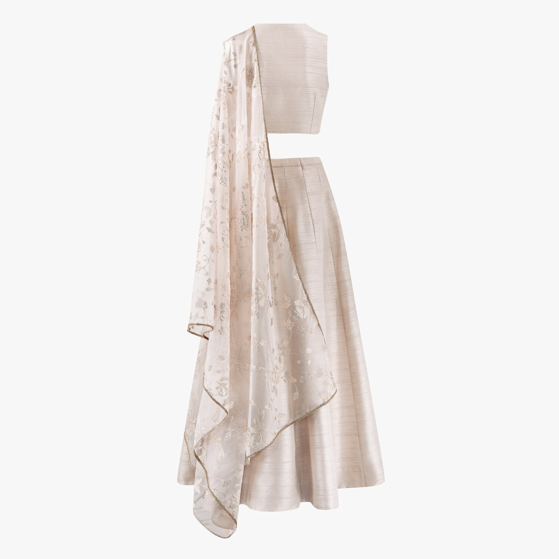 A cream-colored semi raw silk lehenga with organza sequin floral dupatta, designed by Shenena Sethi