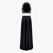 Lyla, a two-piece outfit with a mirror and thread work blouse and a georgette satin skirt in black, designed by Shenena Sethi