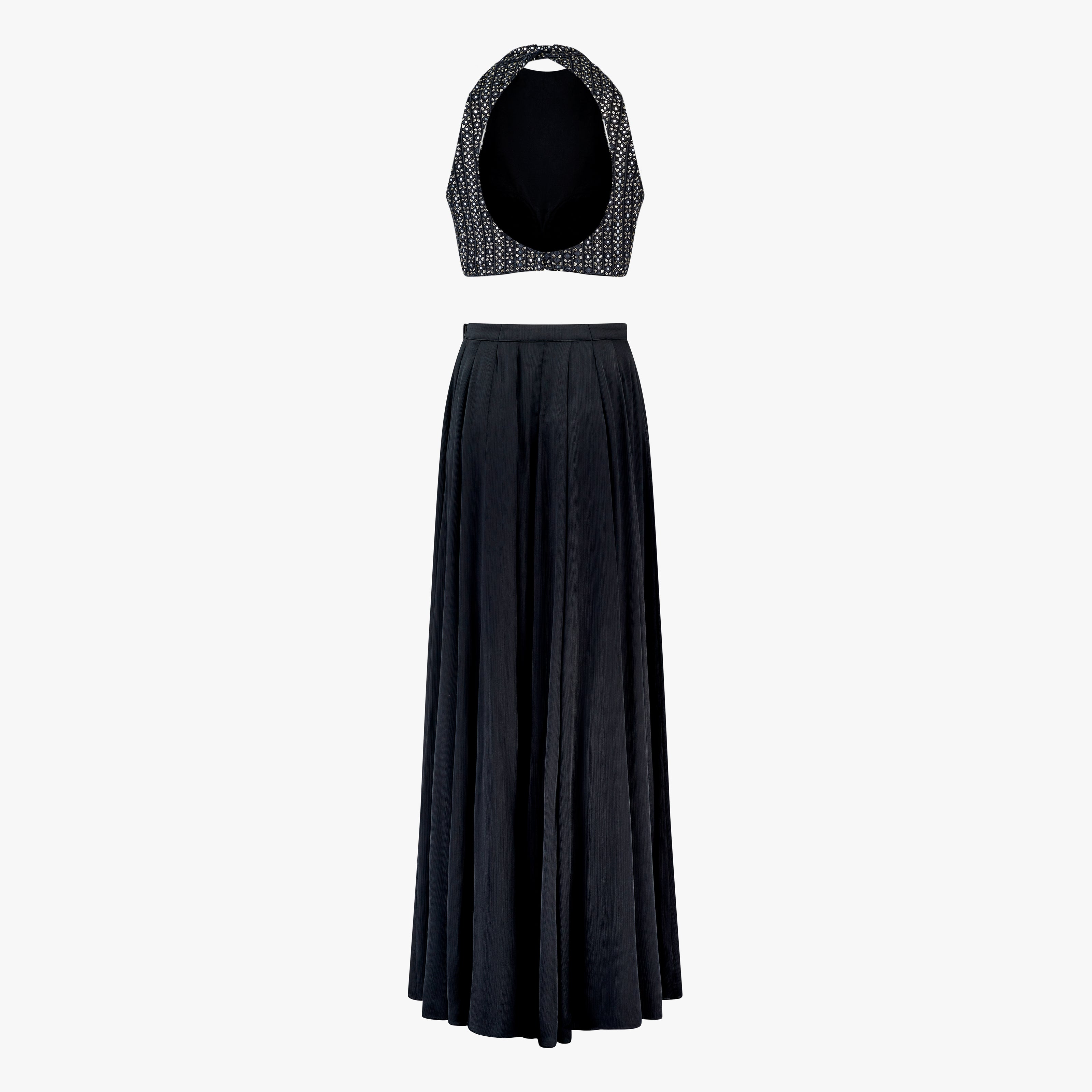 Lyla, a two-piece outfit with a mirror and thread work blouse and a georgette satin skirt in black, designed by Shenena Sethi