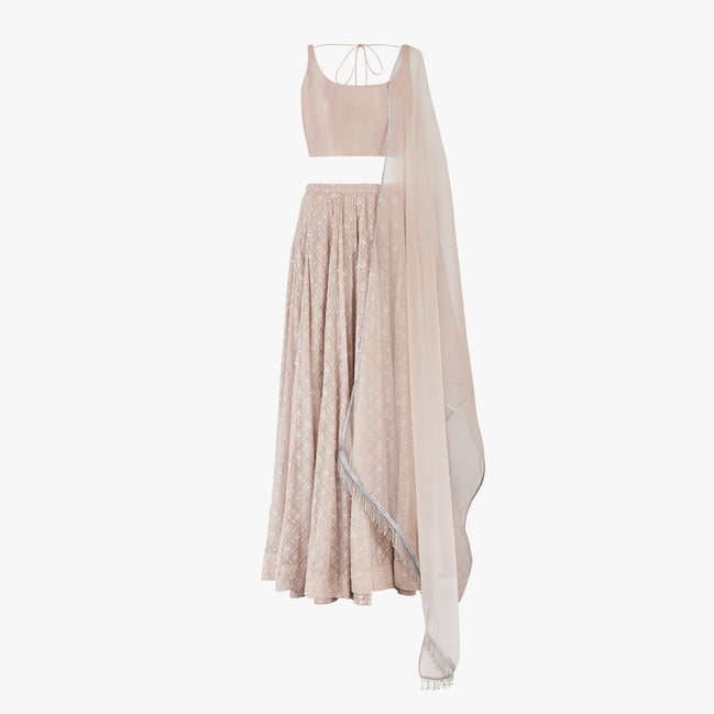 A nude pink chikan kari lehenga, semi raw silk top, accompanied by a soft pure organza dupatta with tassels on the ends, designed by Shenena Sethi