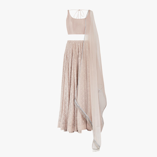 A nude pink chikan kari lehenga, semi raw silk top, accompanied by a soft pure organza dupatta with tassels on the ends, designed by Shenena Sethi