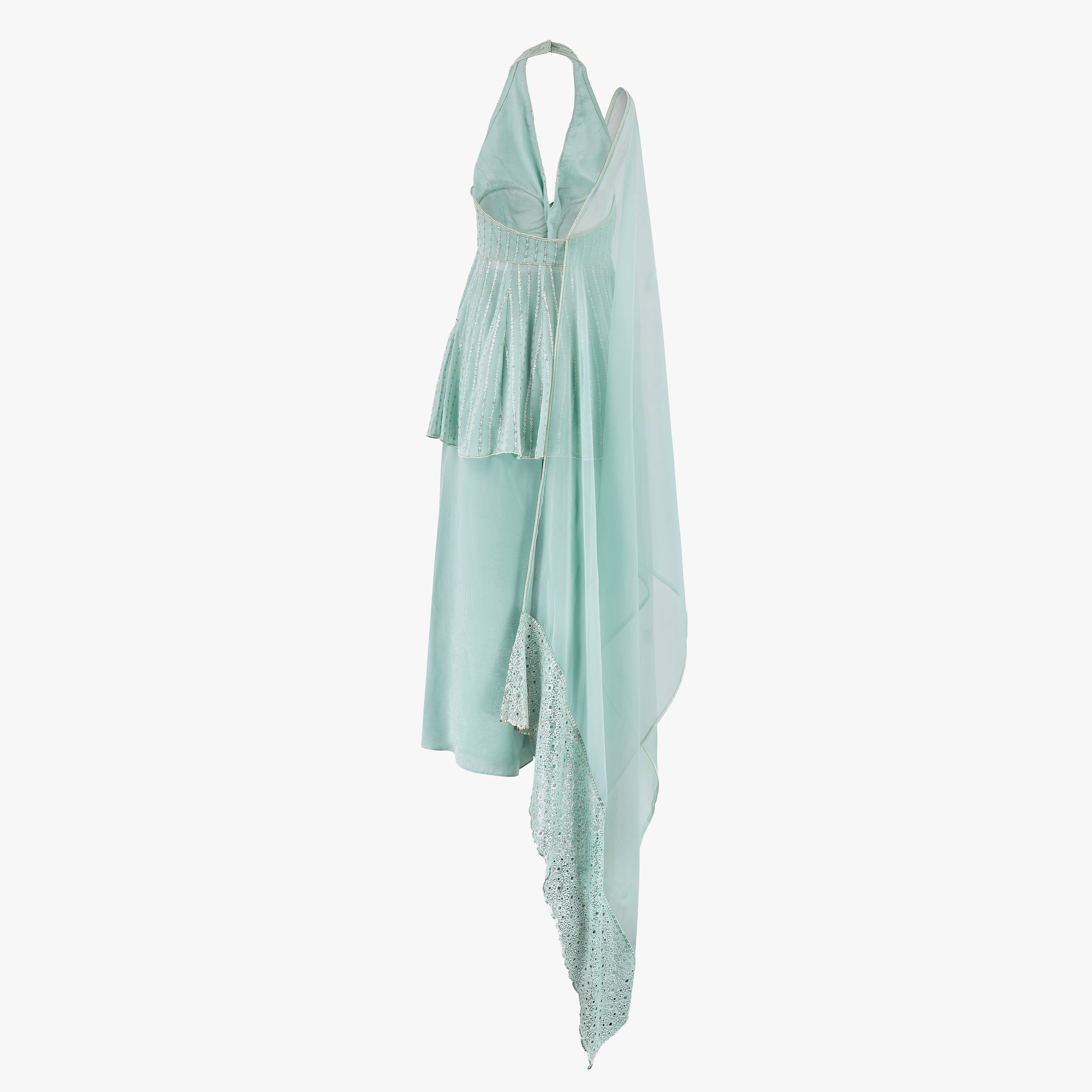 A mint blue georgette short semi anarkali with sequin and thread work, paired with a suede georgette cropped palazzo and an organza dupatta, designed by Shenena Sethi