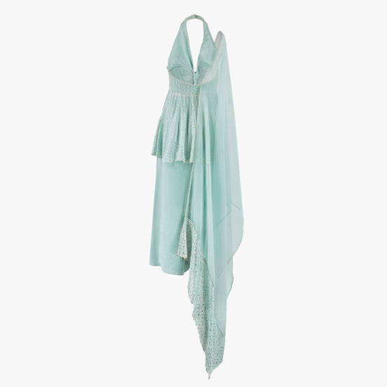 A mint blue georgette short semi anarkali with sequin and thread work, paired with a suede georgette cropped palazzo and an organza dupatta, designed by Shenena Sethi