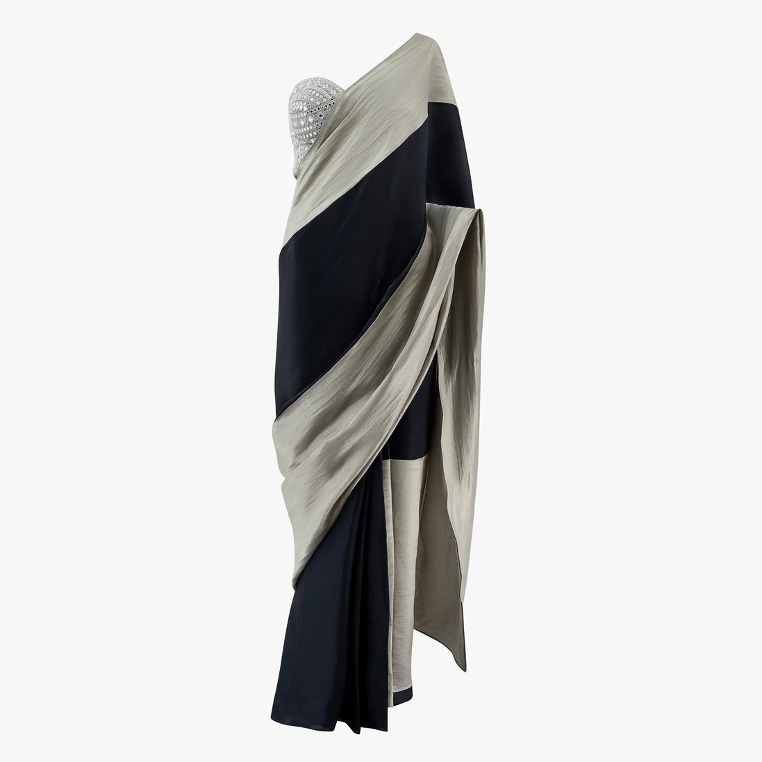 Miya made-to-measure pre-pleated saree set by Shenena Sethi with a thread and mirror work blouse, designed by Shenena Sethi