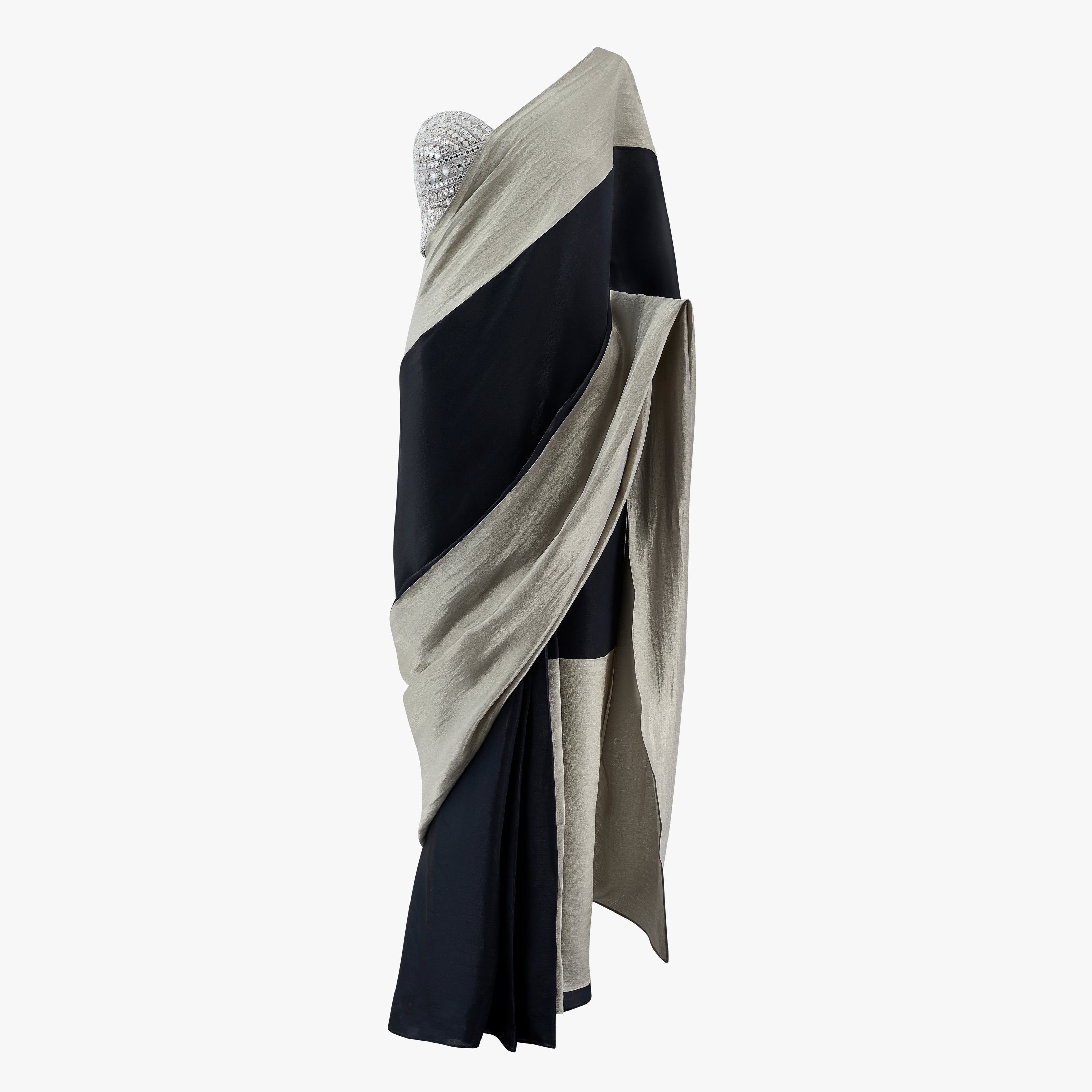 Miya made-to-measure pre-pleated saree set by Shenena Sethi with a thread and mirror work blouse, designed by Shenena Sethi