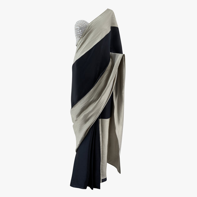 Miya made-to-measure pre-pleated saree set by Shenena Sethi with a thread and mirror work blouse, designed by Shenena Sethi
