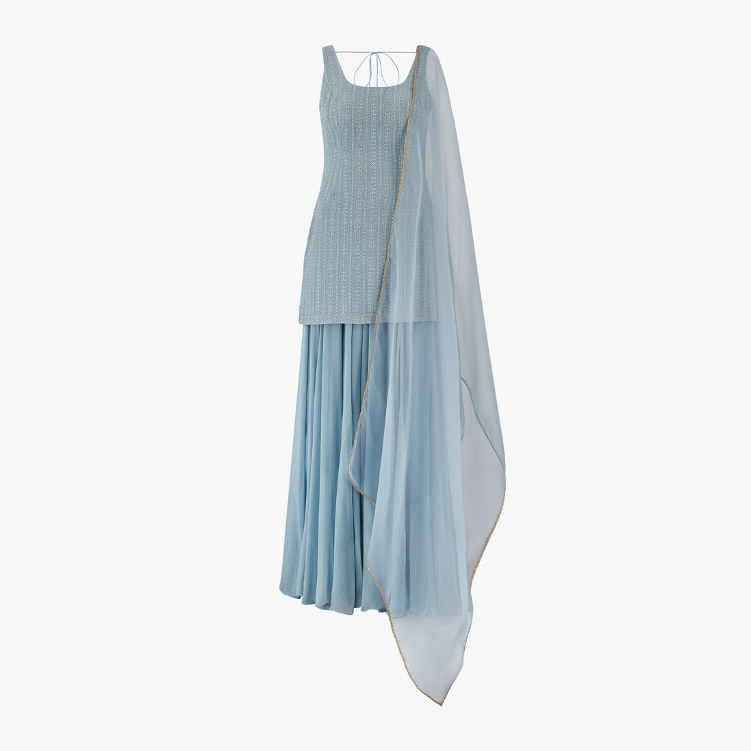 A blue chikan kari kameez with sequins, georgette shararaha, and organza dupatta designed by Shenena Sethi