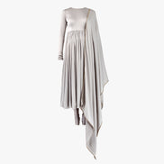 A grey anarkali with a draped dupatta and pleated design, in satin, designed by Shenena Sethi