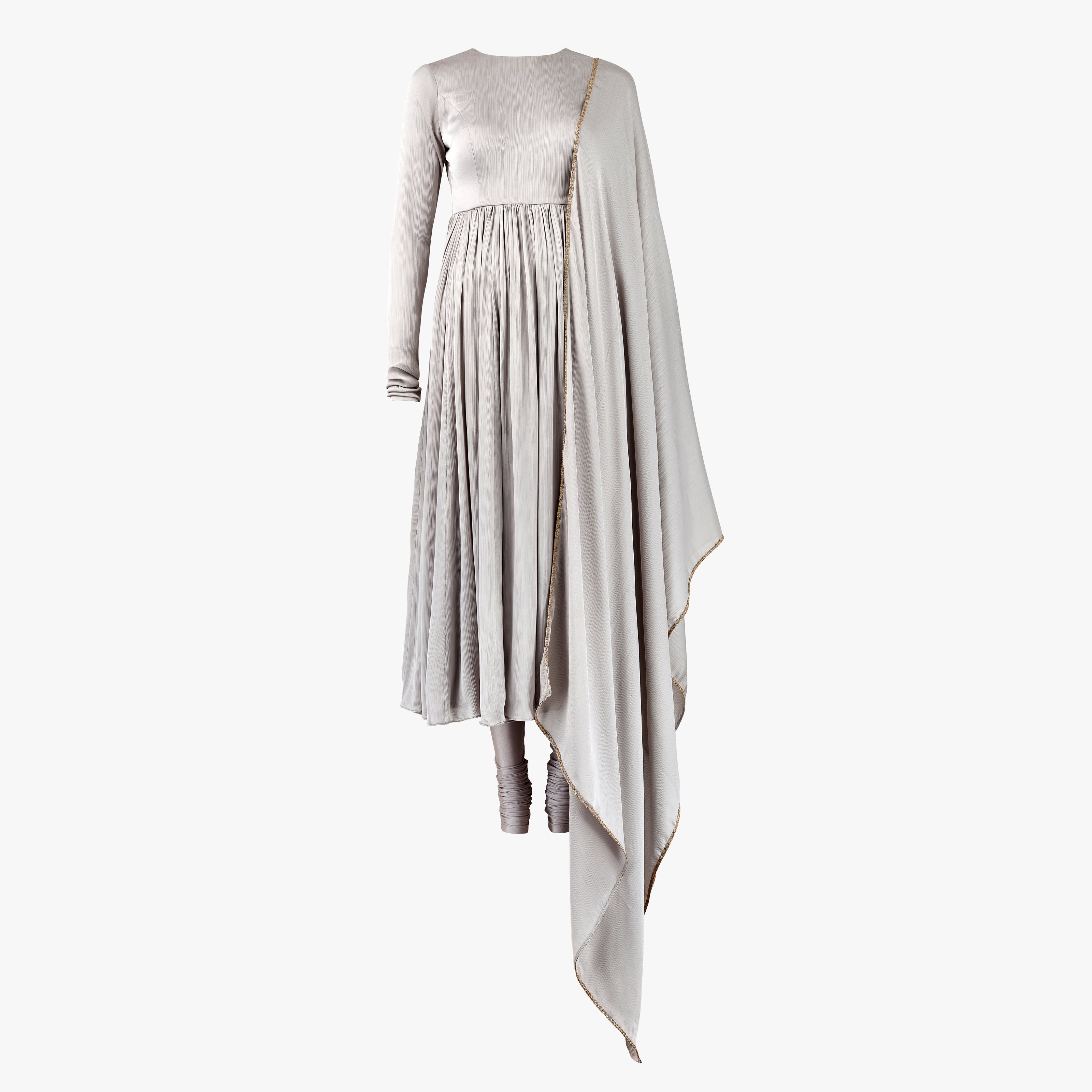 A grey anarkali with a draped dupatta and pleated design, in satin, designed by Shenena Sethi