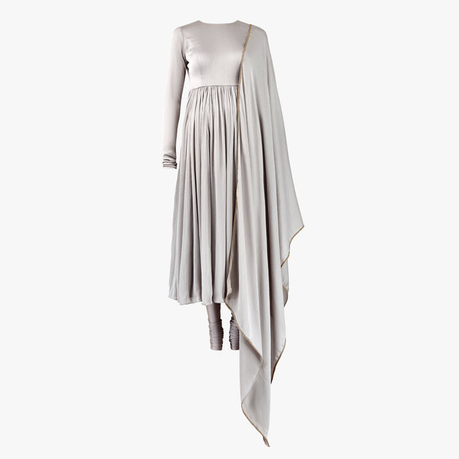 A grey anarkali with a draped dupatta and pleated design, in satin, designed by Shenena Sethi