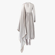 A grey anarkali with a draped dupatta and pleated design, in satin, designed by Shenena Sethi