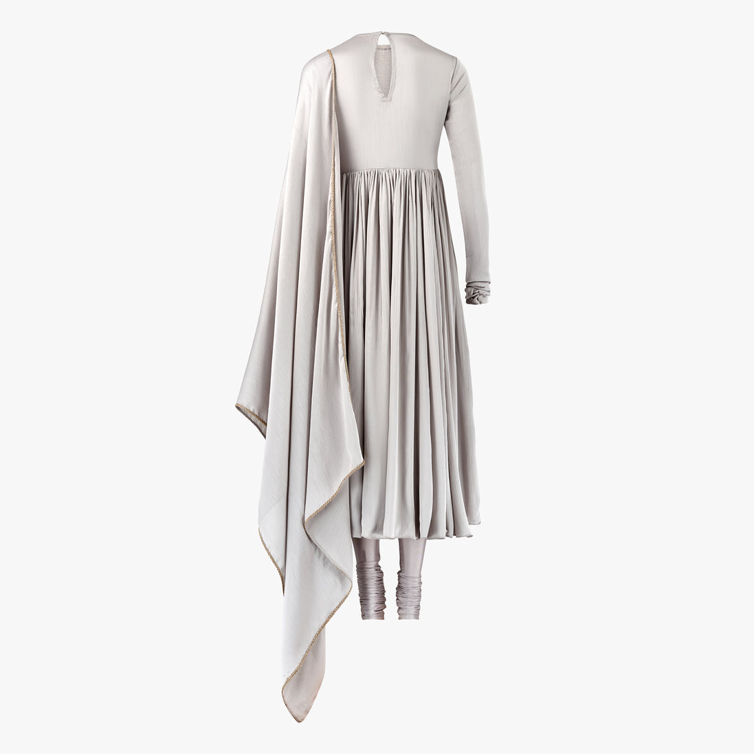 A grey anarkali with a draped dupatta and pleated design, in satin, designed by Shenena Sethi
