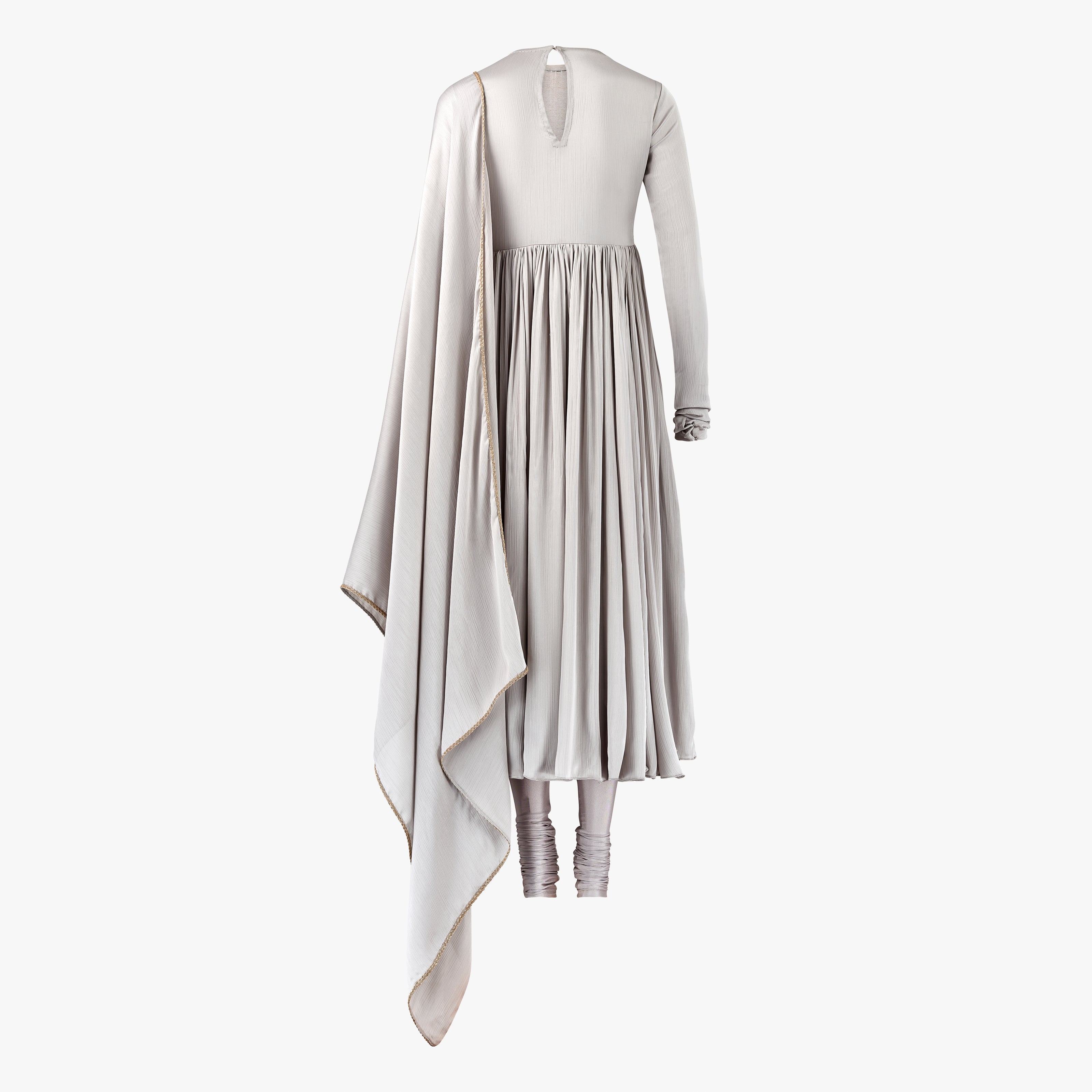 A grey anarkali with a draped dupatta and pleated design, in satin, designed by Shenena Sethi