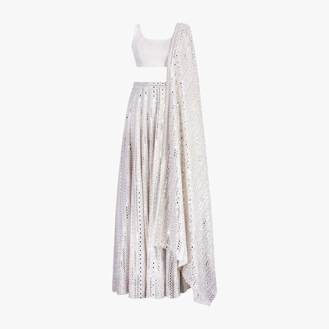 Serene made-to-measure mirror lehenga set by Shenena Sethi with mirror dupatta and plain blouse